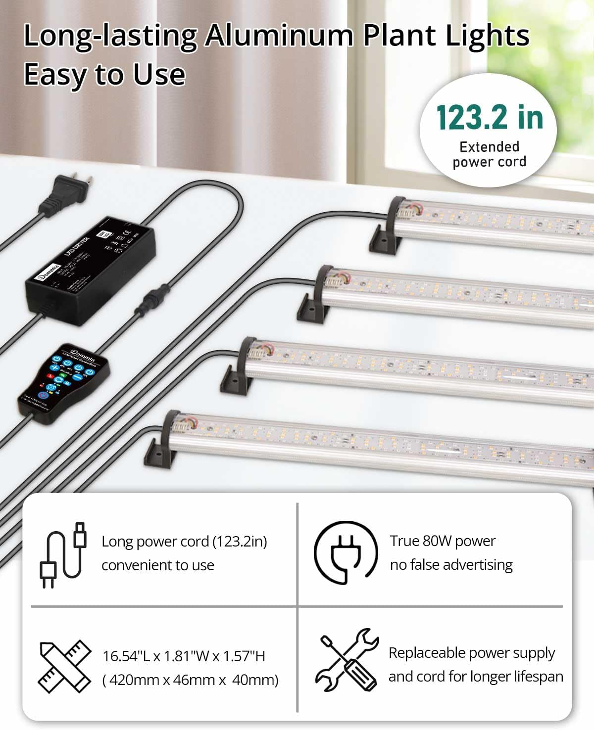 DOMMIA Grow Lights, 80W Dimmable Grow Light Strip with 3 Spectra Modes, IP54 Waterproof, 4 Individually On/Off Strips, Aluminum, Multi-Colored Warmwhite, 6/10/14/18H Timer image number 3