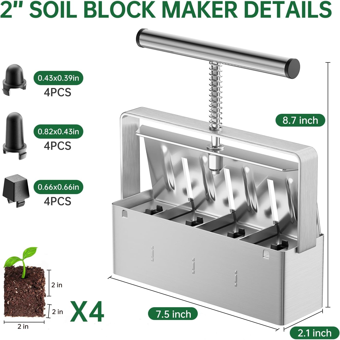 Nanovi Soil Blocker, 2 Inch Soil Block Maker with 3 Sizes Seed Pins & Comfortable Handle 4 Cell Handlheld Soil Blocking Tool for Seed Starting, Grow Seedling, Outdoor Plants, Greenhouses, Garden image number 1