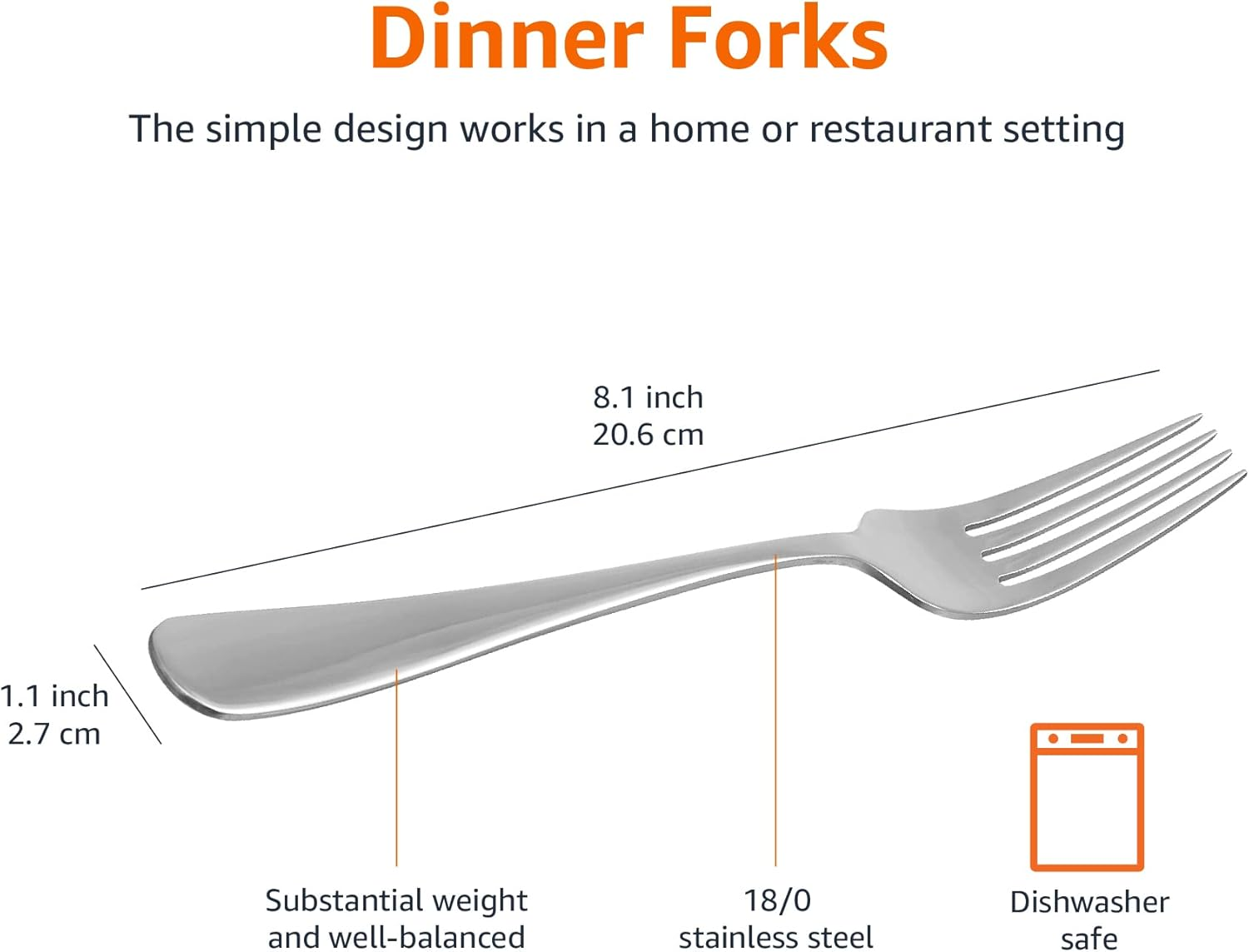 Amazon Basics Stainless Steel Dinner Forks with round Edge, Pack of 12, Silver image number 6