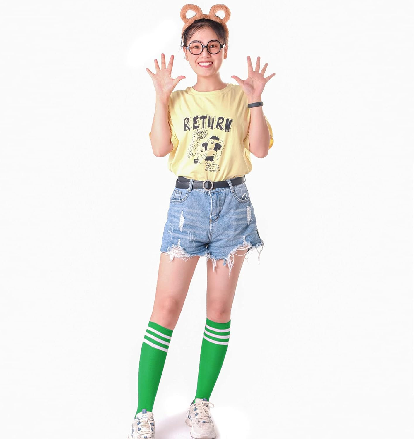 9 Pieces Chipmunks Costumes Set Include 3 Pieces Chipmunk Ears Headband 3 Piece Black round Frame Glasses and 3 Pairs Knee-High Socks for Teens Adults Halloween Party Animal Costume Accessories