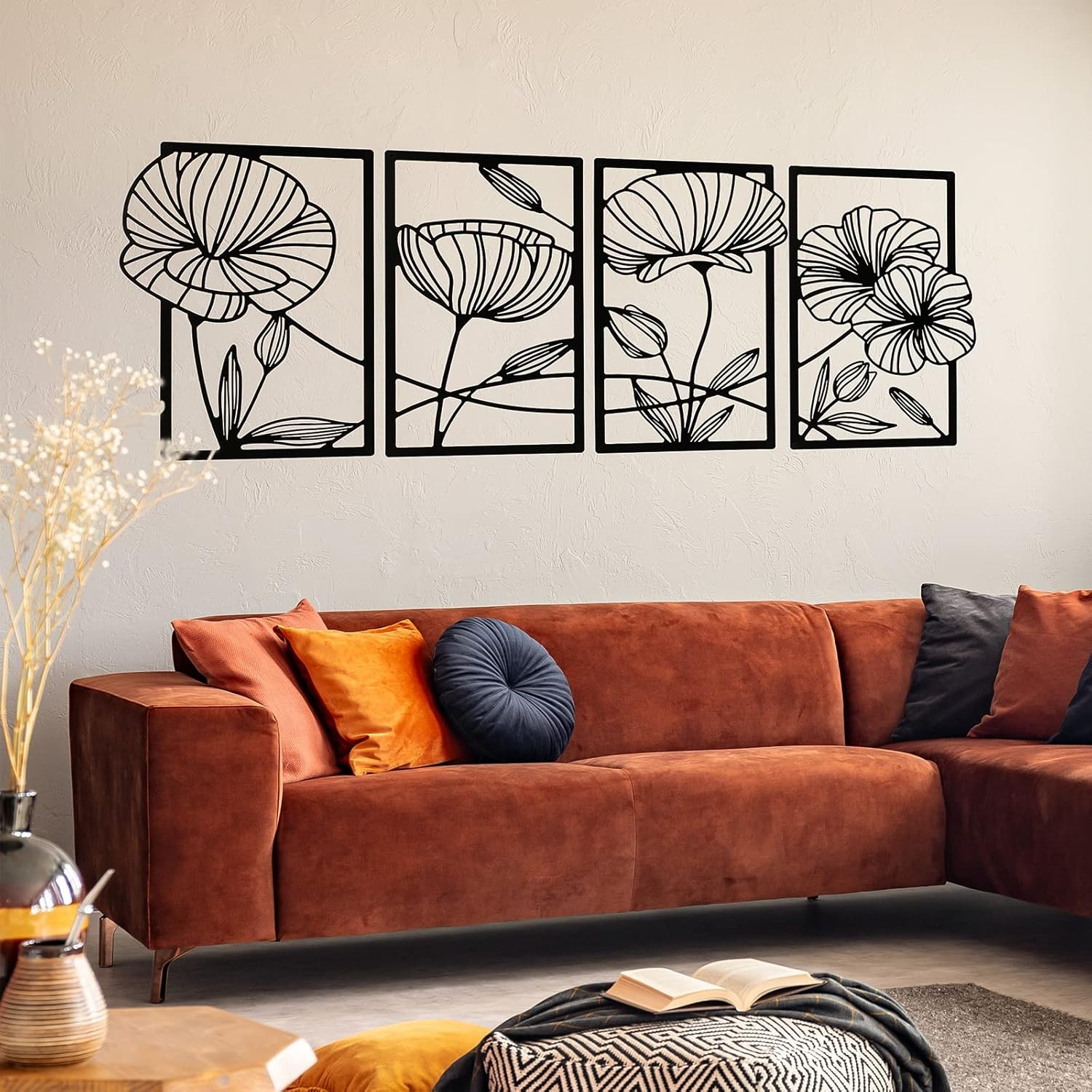 Cunno 4PCS Metal Line Art Wall Decor Living Room Metal Flower Minimalist Sculpture Modern Aesthetic Poppy Floral Minimalist Wall Hanging Bedroom Home Kitchen Bathroom 16.5X11.9'' (Black) DAY-234 image number 5