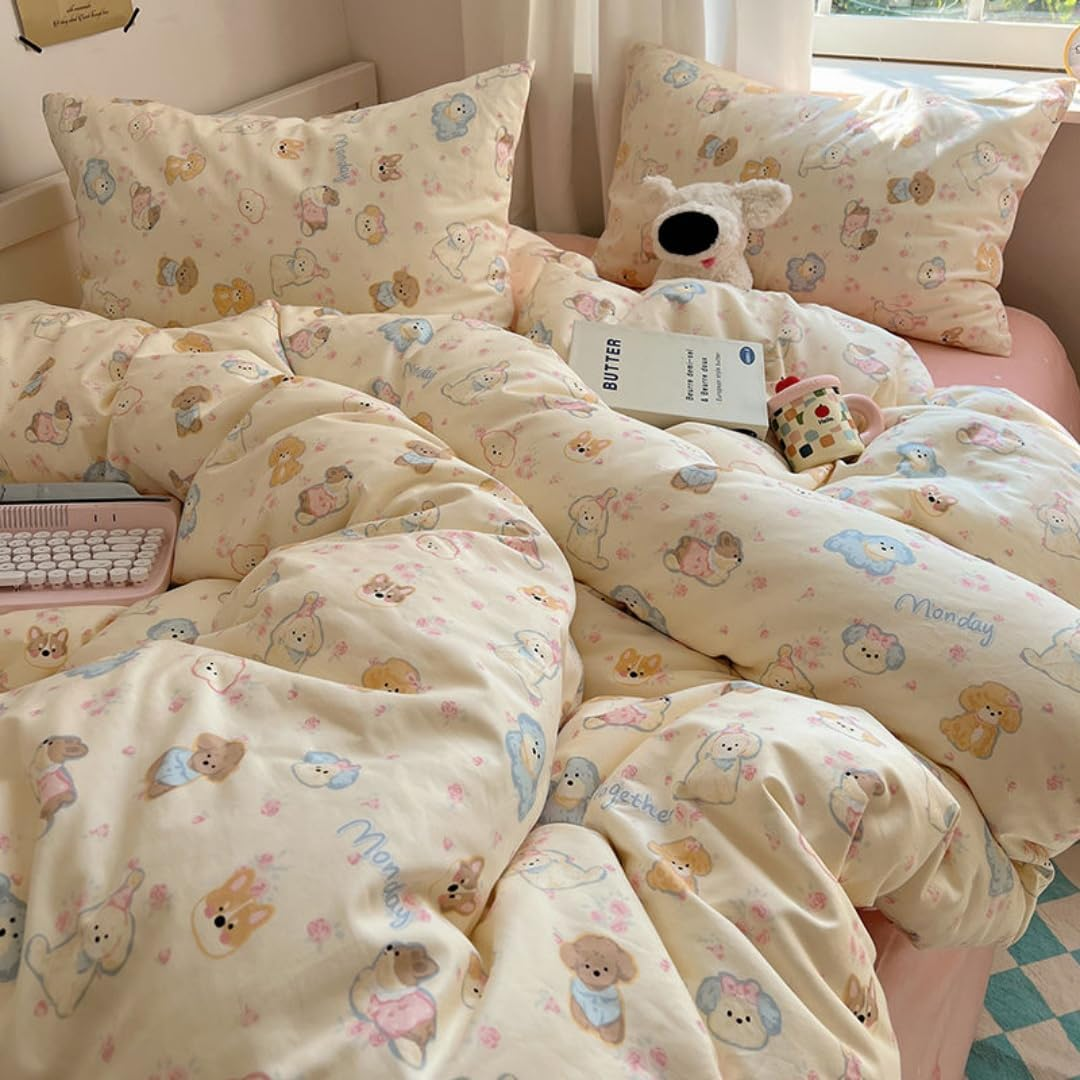 3 Pcs Girls Dogs Comforter Cover Set Bed Set Yellow Cute Cartoon Pet Puppy Bedding Set for Kids Boys Teens (1 Comforter Cover, 2 Pillow Sham) (Yellow, Full) image number 4