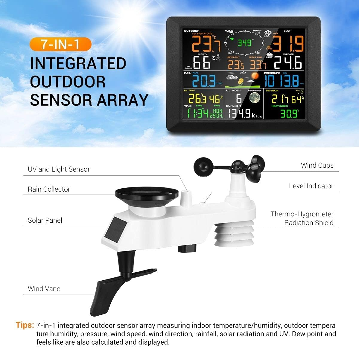 Maxkon Wifi Wireless Weather Station Forecast Color Display Indoor Home 7-In-1 Outdoor Sensor Solar Powered for UV Light Moon Phase Sunlight PC Software Weather APP image number 2