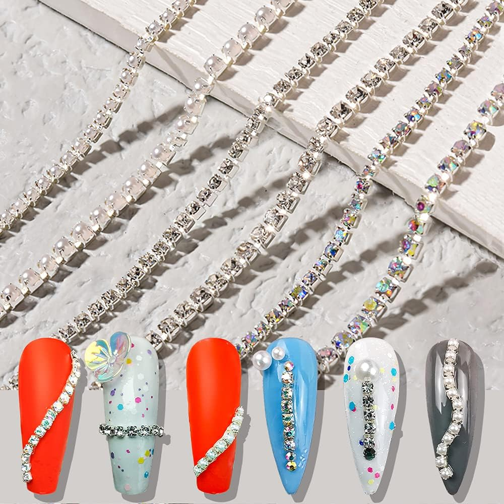 3D AB Rhinestone Chain Nail Art Studs Crystal Diamond Chain Pearl Chain Nail Decoration Metallic Chains Alloy Punk Pendant Ornaments for Nail Art Decoration & DIY Crafting Design (6 Pcs) image number 3