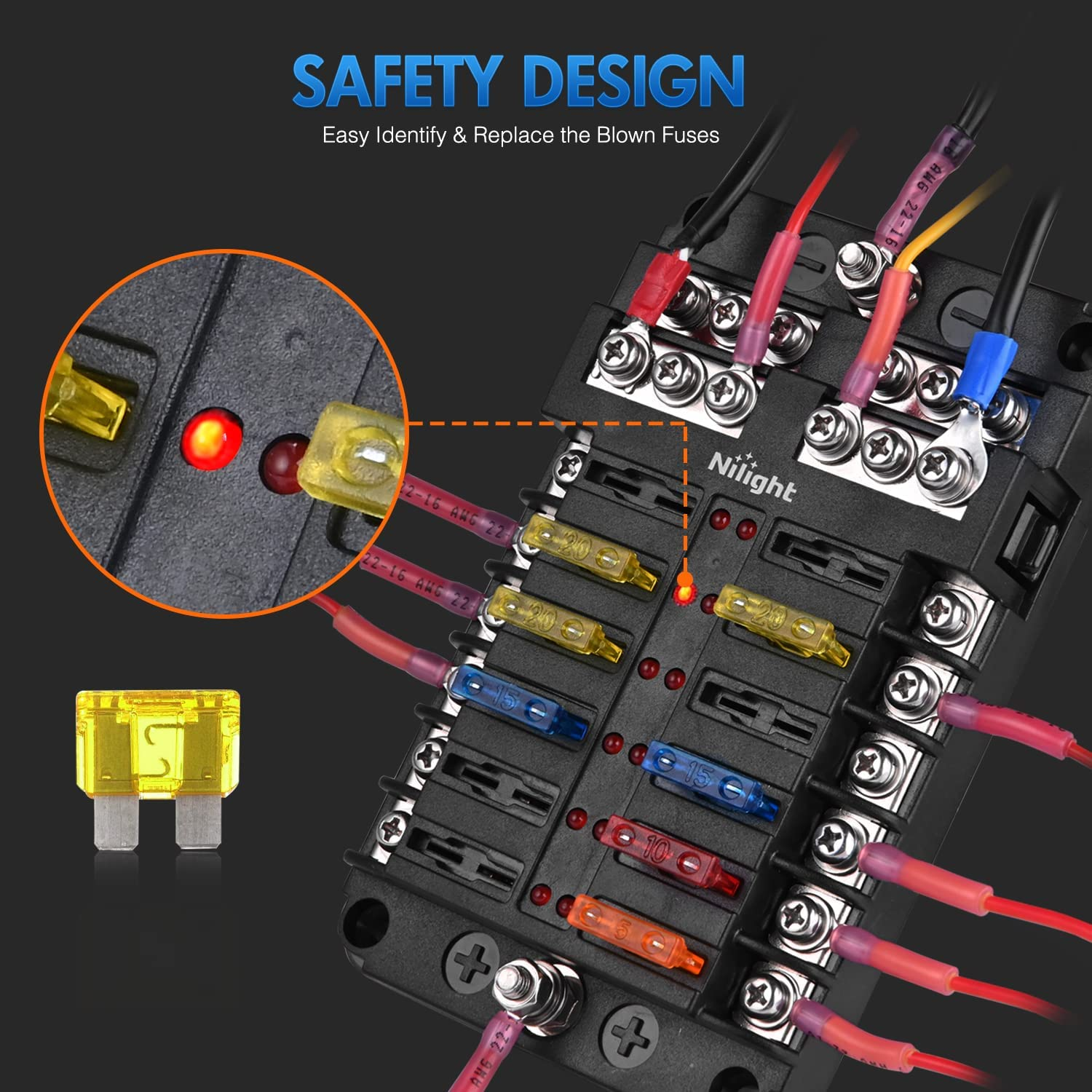 Nilight 12 Way Blade Fuse Block 12 Circuits with Negative Bus Fuse Box Holder with LED Indicator ATO/ATC Fuse Panel Waterproof Cover for 12V Automotive Cars Marine Boats,Rvs,Trailers image number 1