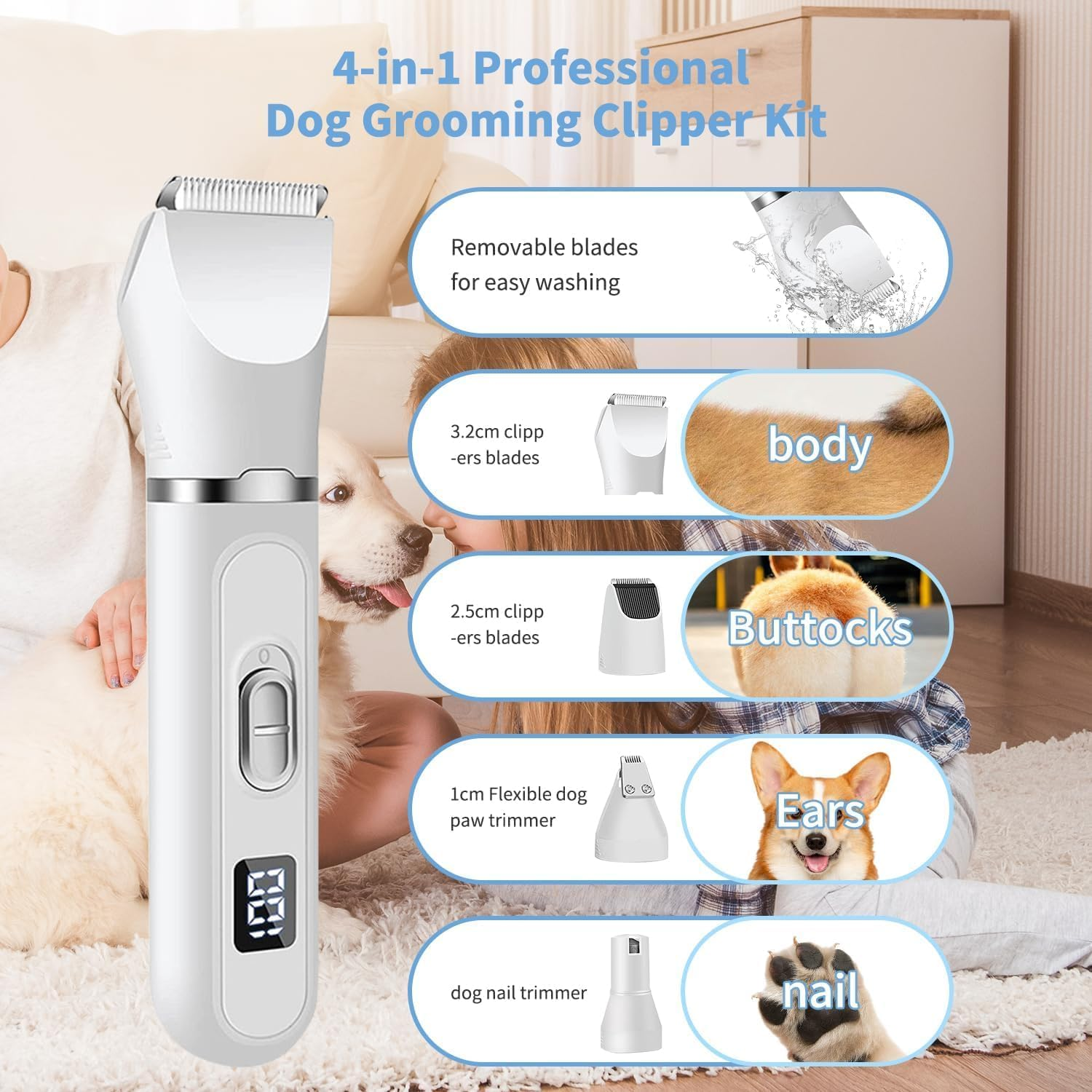 Dog Grooming Dog Clippers Grooming, 4 in 1 Kit Paw Trimmer，With Paw Trimmer&Dog Nail Grinder Professional Pet Clippers image number 5