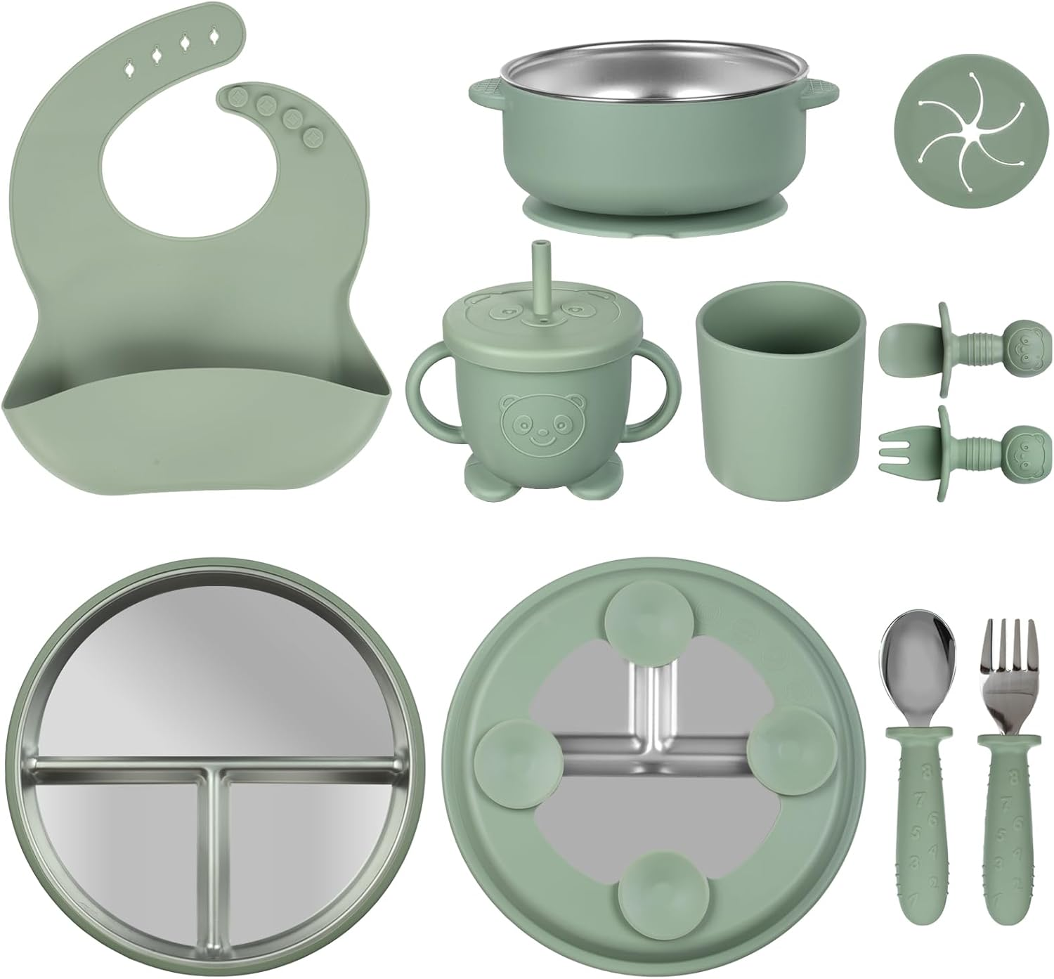 10Pc Baby Feeding Set | Stainless Steel Divided Plate&Suction Bowl with Removable Silicone Suction Base, Silicone Bib, Sippy Cup with Lid, Forks Spoons Snack Container for Baby Led Weaning Supplies image number 5