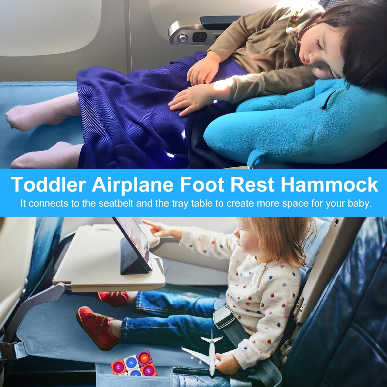 Toddler Airplane Bed, Kids Airplane Seat Extender Travel Bed, Kids Airplane Travel Essentials, Airplane Must Have for Toddlers, Portable Plane Bed Foot Rest for Flights image number 1