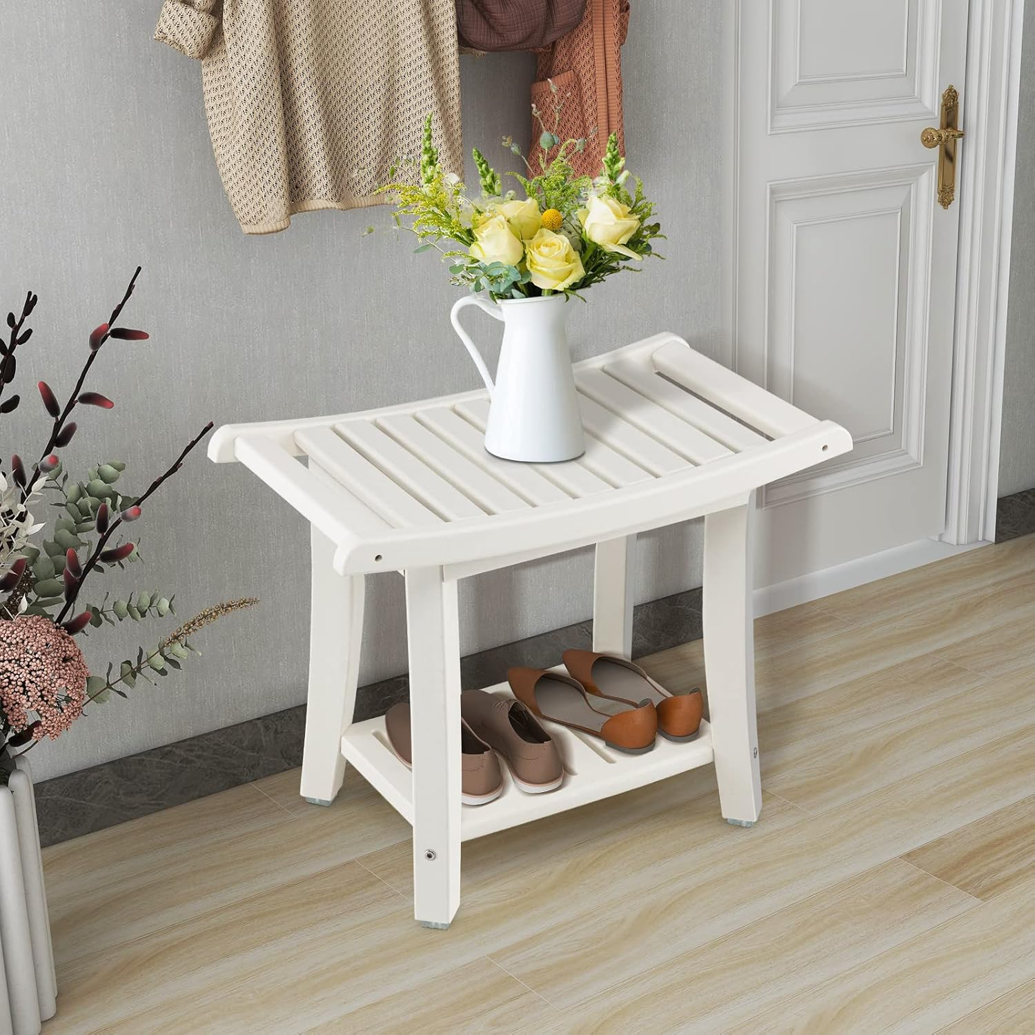 Costway 2-Tier Shower Bench, HDPE Spa Bath Shower Stool with Curved Seat, 2 Easy-To-Grip Handles, Storage Shelf & Non-Slip Foot Pads, Waterproof Shaving Stool for Bathroom, Living Room image number 2