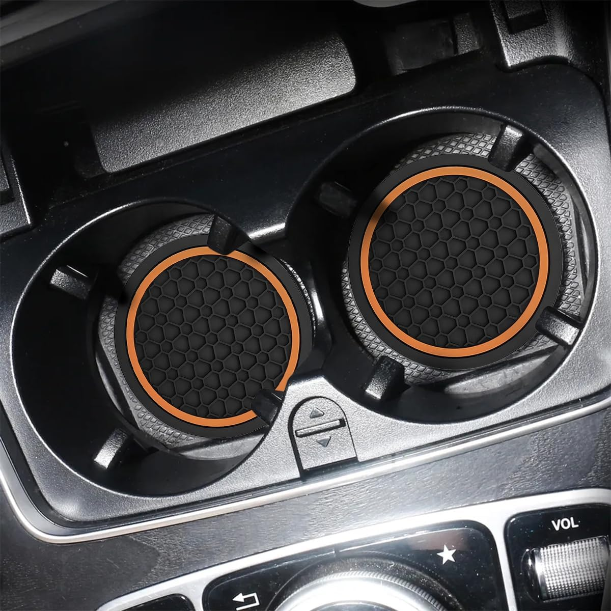 Mandark 4PCS Car Cup Holder Coasters, 2.75 Inch Non-Slip Insert Water Bottle Holder Pads, Dustproof Automotive Interior Accessories Mat, Universal for Vehicles, Trucks, Rvs and More (Black/Orange) image number 3