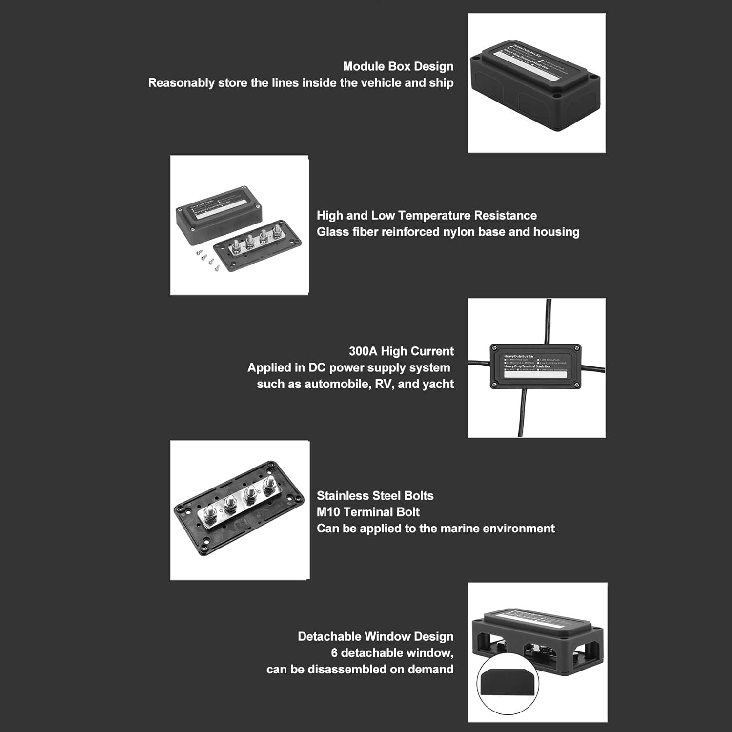 300A 48V Bus Bar, Positive & Negative Power Distribution Block with 4 X M8 Terminal Studs & Cover, Heavy Duty Battery Terminal Block for Marine, Automotive, RV, Boat, Car, Truck (Black) image number 4