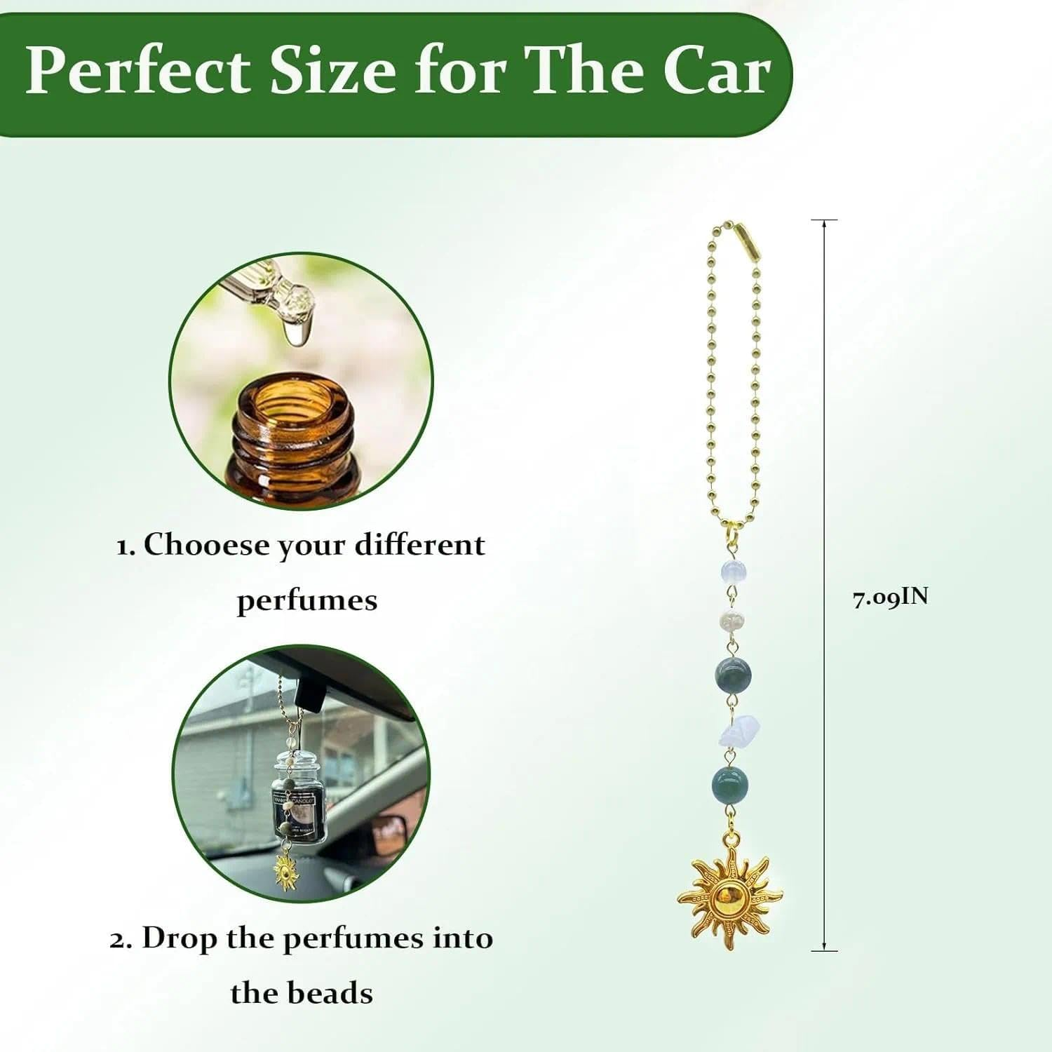 Cute Car Hanging Accessory with Green and Gold Handmade Healing Crystals, Sun Hanging Charm, Compatible with Rear View Mirror, Car Interior Decor - Perfect Decor for Lovers,17.8 Cm - Unron image number 4