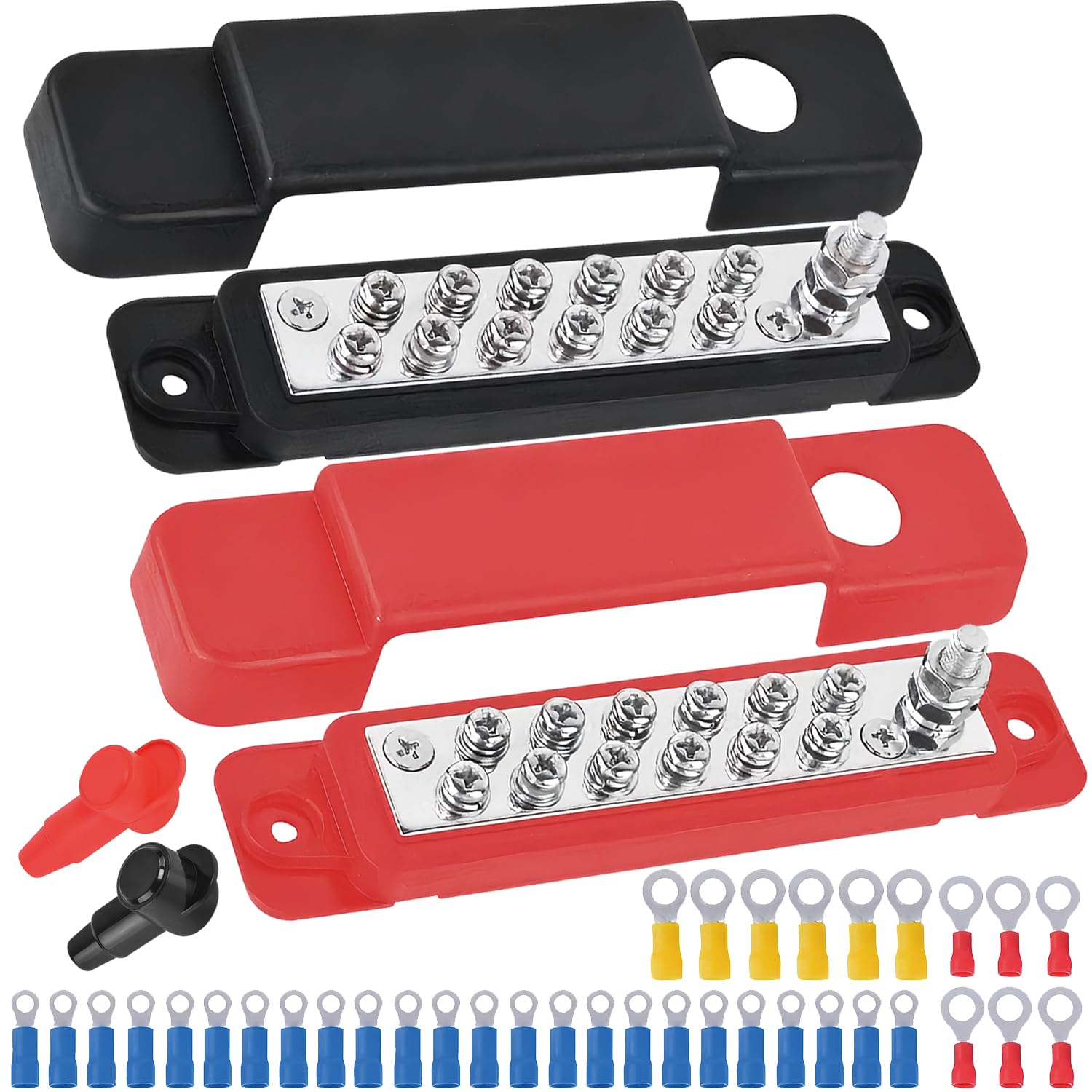 12V 150A Power Distribution Block, 1/4" Stud Marine Bus Bar with 34Pcs Terminal & 2Pcs Protective Cases, Battery Terminal Block for Boat Automotive Solar Wiring (Black+Red) image number 6