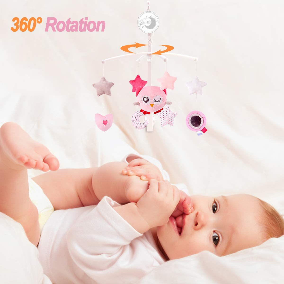 Baby Musical Crib Mobile with Hanging Rotating Plush Pink Owl Pendant Toys, Winding Drive Music Box, Infant Bed Decoration for Newborn Boys and Girls image number 3