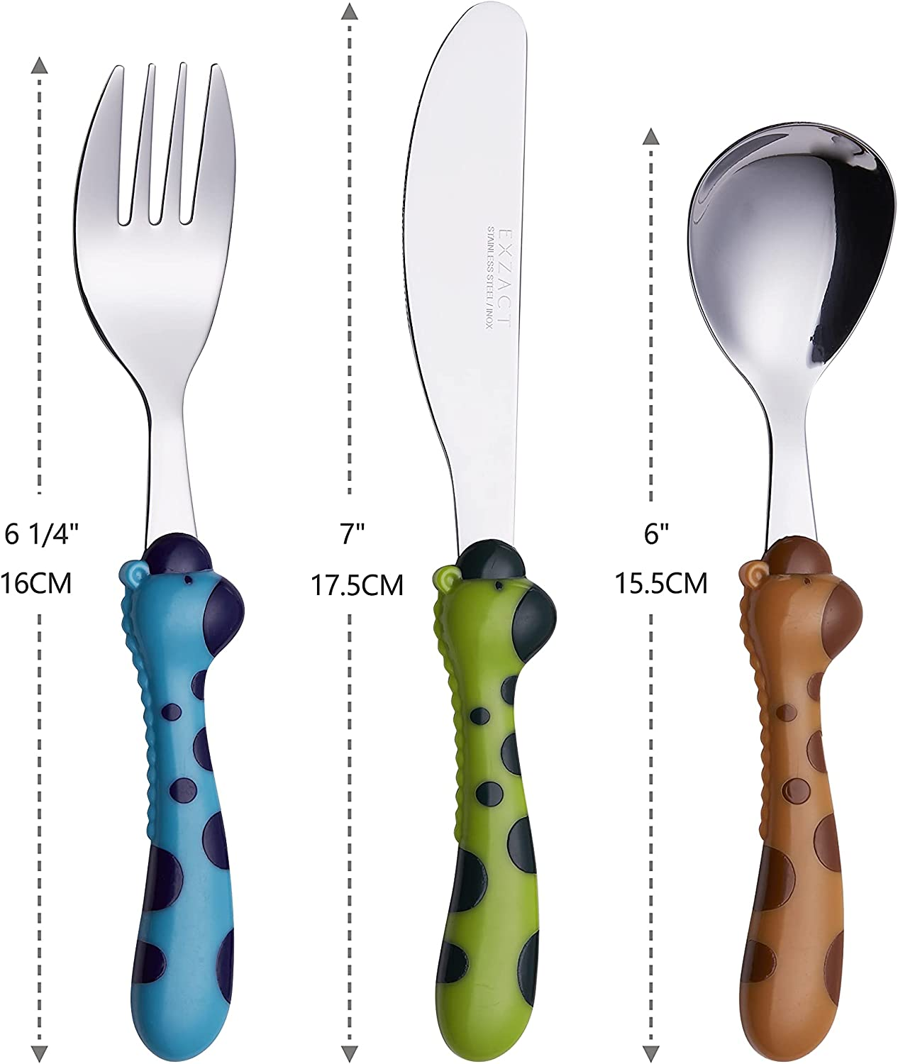 Exzact Children'S Cutlery Stainless Steel 6Pcs Set/Kids Cutlery Toddler Flatware - 2 X Forks, 2 X Dinner Knives, 2 X Spoons, BPA Free Dishwasher Safe 24M+ (Giraffe X 6) - Girafe image number 5