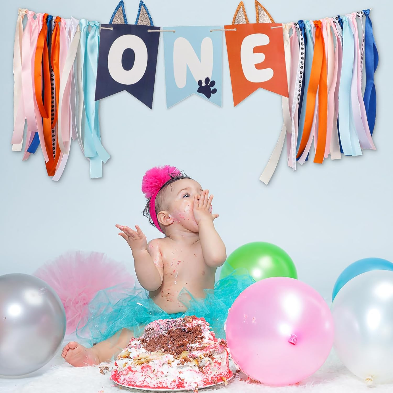 Light Blue Navy Brown Orange First Birthday High Chair Banner, Cute Puppy Paw Print Highchair Banner First Birthday Boys and Girls First Birthday Decor Birthday Backdrop Banner image number 4