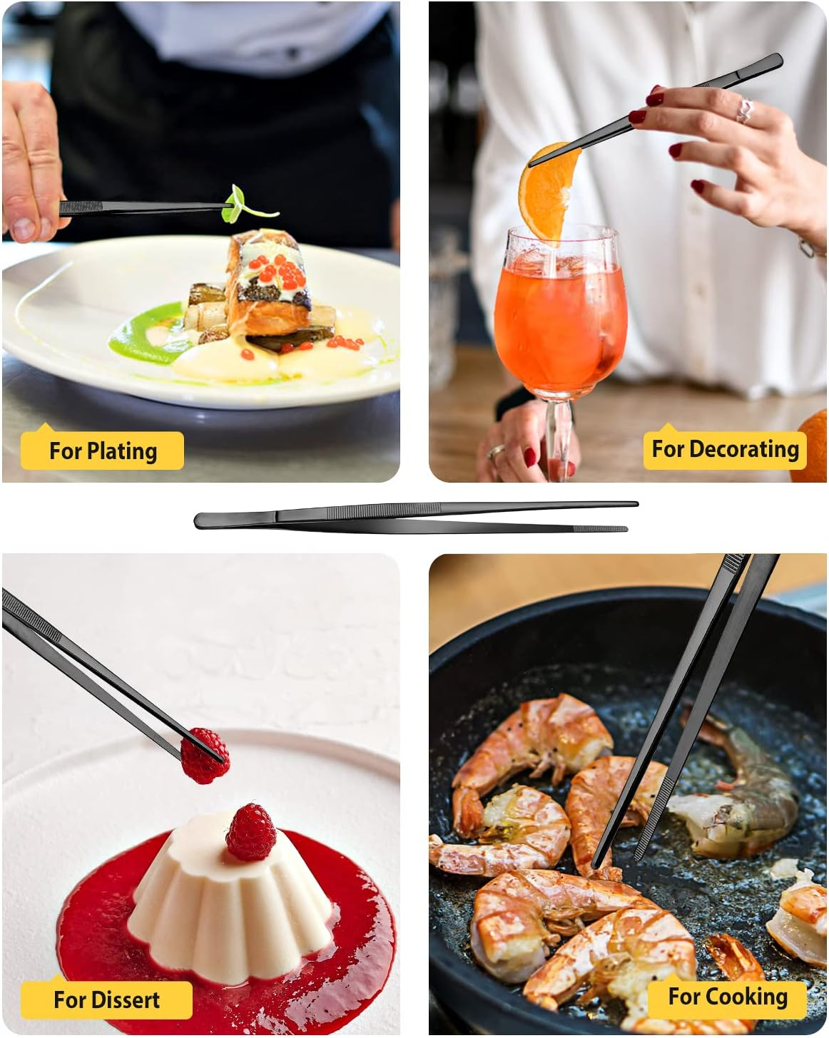 4 Pcs Kitchen Fine Tweezer Tongs, 12'' and 10'' Stainless Steel Food Tweezers Set, Professional Kitchen Long Tweezer for Cooking, Repairing, Sea Food and BBQ (BLACK) image number 6