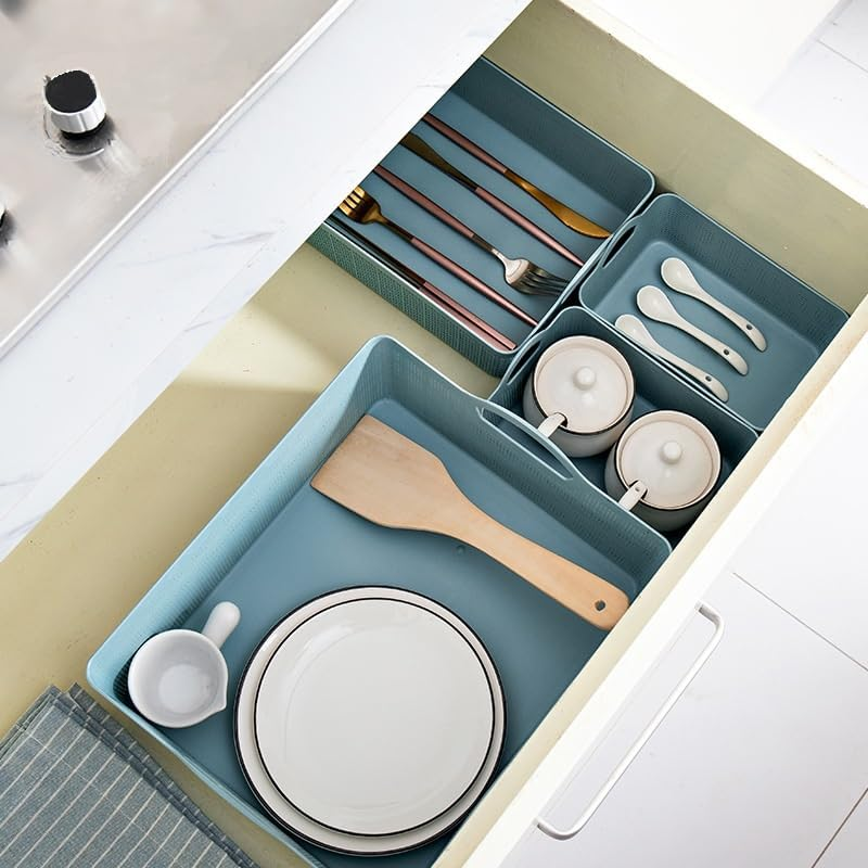 11 PCS 4-Size Plastic Storage Bins and Baskets for Efficient Home Classroom Organization Small Containers for Kitchen, Cupboard Box, and Bathroom Organizer on Shelves and Tubs (Blue)