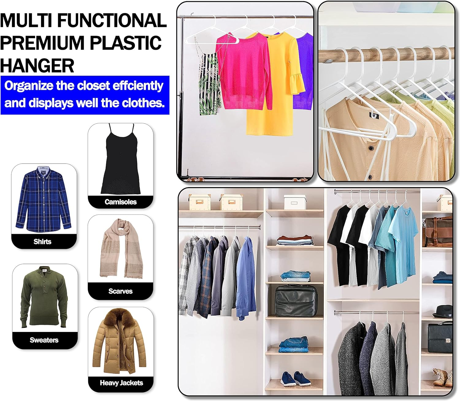 GVTECH Plastic Clothes Hangers - [50 Pack] Heavy Duty Durable Coat and Clothes Hangers with Hooks - Durable Lightweight Space Saving Laundry Hangers for Coats, Skirts, Pants, Dress (50 Pack, White)