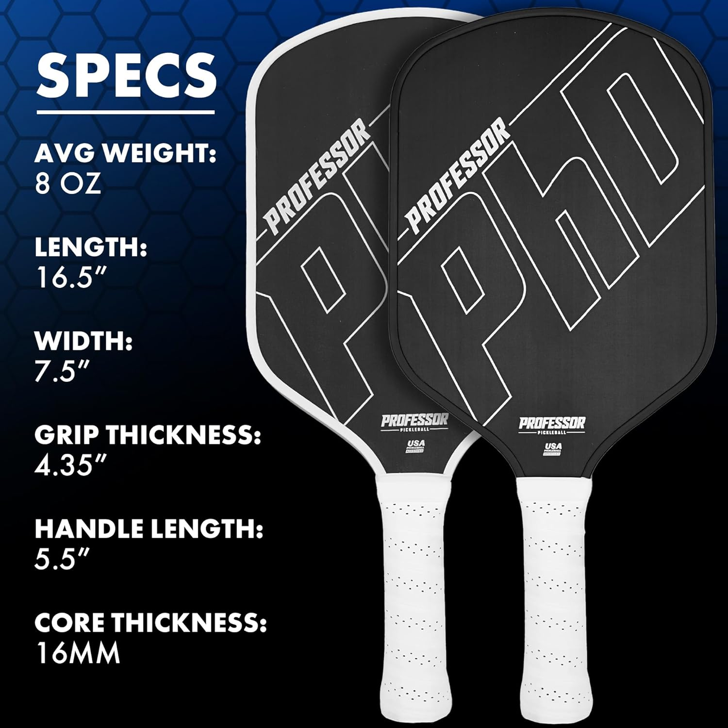 Professor Phd Raw Carbon Fiber Pickleball Paddle - White Edge - C - Phd Pro - Grey Edge image number 6