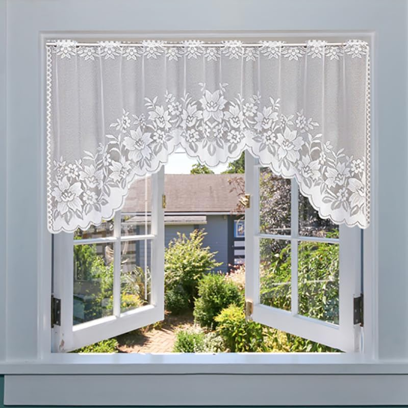 AIMALL 2PCS White Lace Kitchen Cafe Curtain Set Sheer Window Drapes with Scalloped Edge Elegant Home Decor 160Cm Wide Rod Pocket Panels for Living Room Bedroom Dining Room image number 6