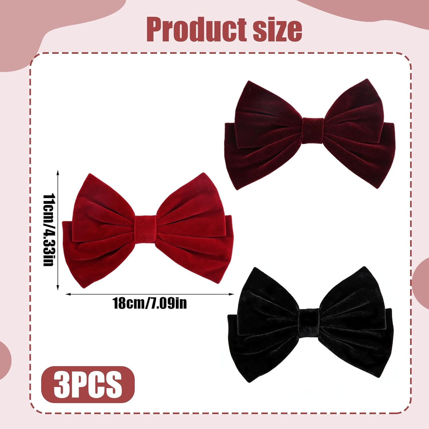 3 Pieces Velvet Bow Hair Clips, Vintage Hair Bows Barrettes Solid Color, Velvet Ribbon Bowknot French Barrettes Hair Accessorieshair Styling Clips for Girls Women (Red, Burgundy, Black) image number 2