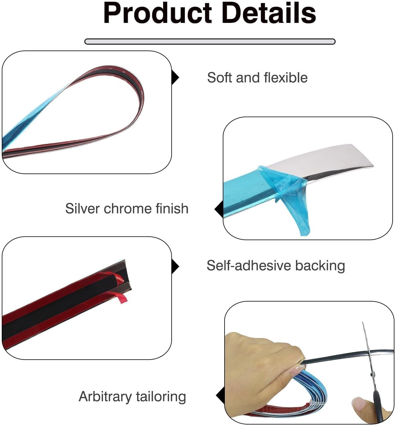 Chrome Trim, 6Mm &times; 3M Silver Flexible Molding Self Adhesive Automotive Tape - Peel and Stick Metallic Mirror Frame Edging Decorative Strip for Wall, Door, Furniture, Car image number 5