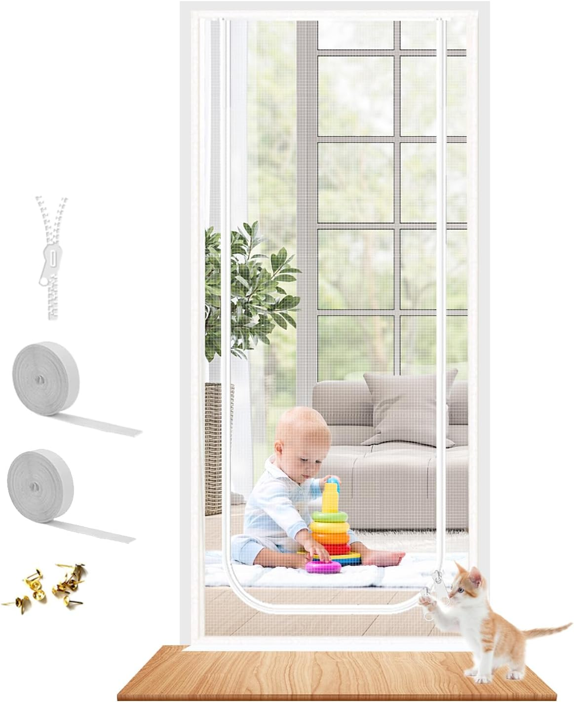 Dixutzi Reinforced Cat Screen Door Fits Door Size 30''X 80'', Heavy Duty Pets Proof Screen Door with Zipper, Prevent Dogs Cats Running Out from Home (Black)