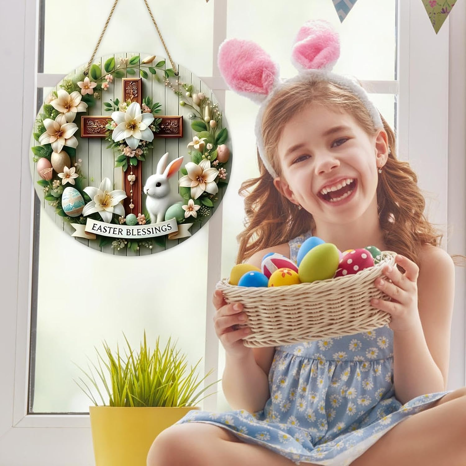 Easter Dangling Sign - Easter Blessing Welcome Sign for Front Door | 20Cm round Plate Dangling Decoration, Bunny with Colorful Eggs Decor for Home Farmhouse Indoor Outdoor image number 4