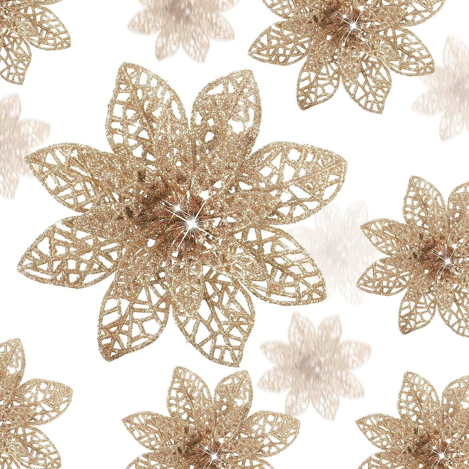 WILLBOND 36 Pieces Christmas Poinsettia Flowers Artificial Ornaments Glitter Christmas Decorations Tree Wedding New Year(Blue-Green)