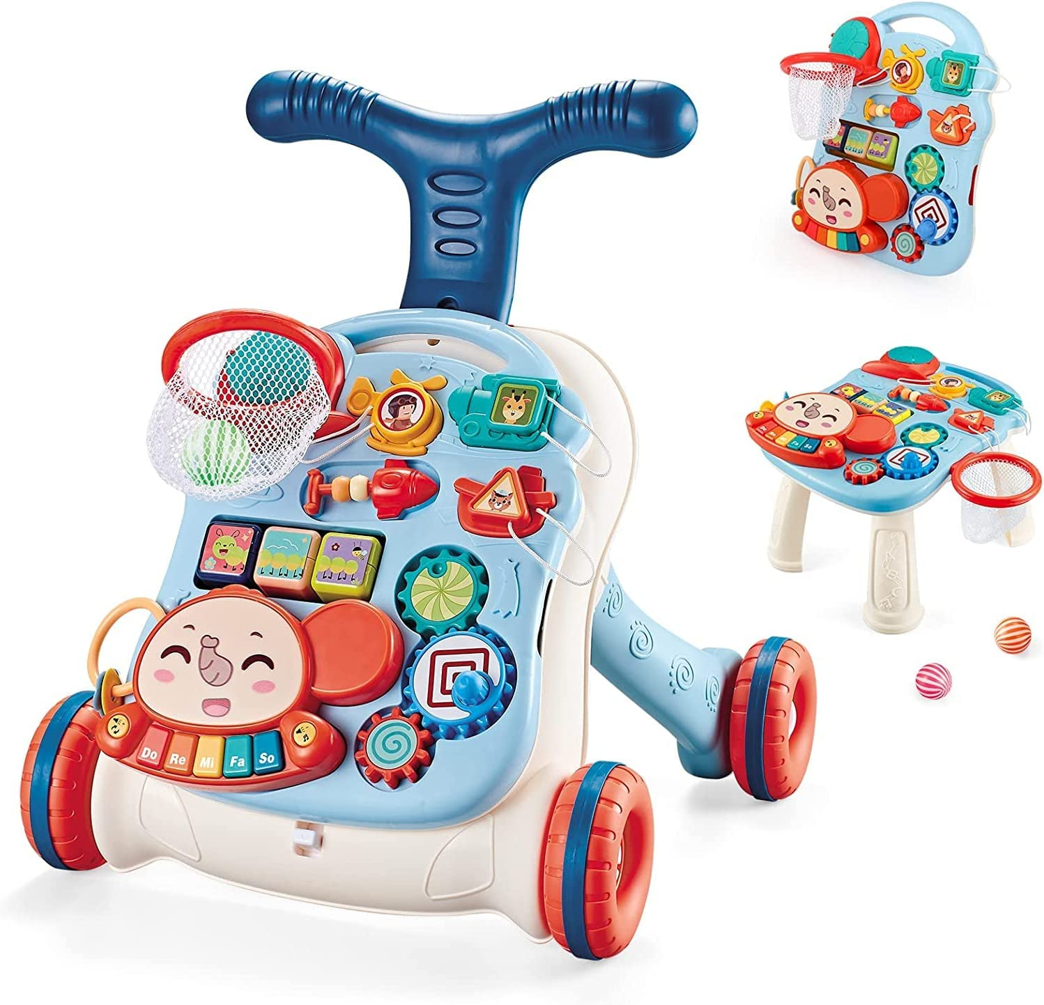 Baby Walker 3In1 Adjustable Height Kids Walker Toy Children'S Music Walker Weight Gain Design Table Lights Music Phone Steering Wheel for Toddlers Boys Girls