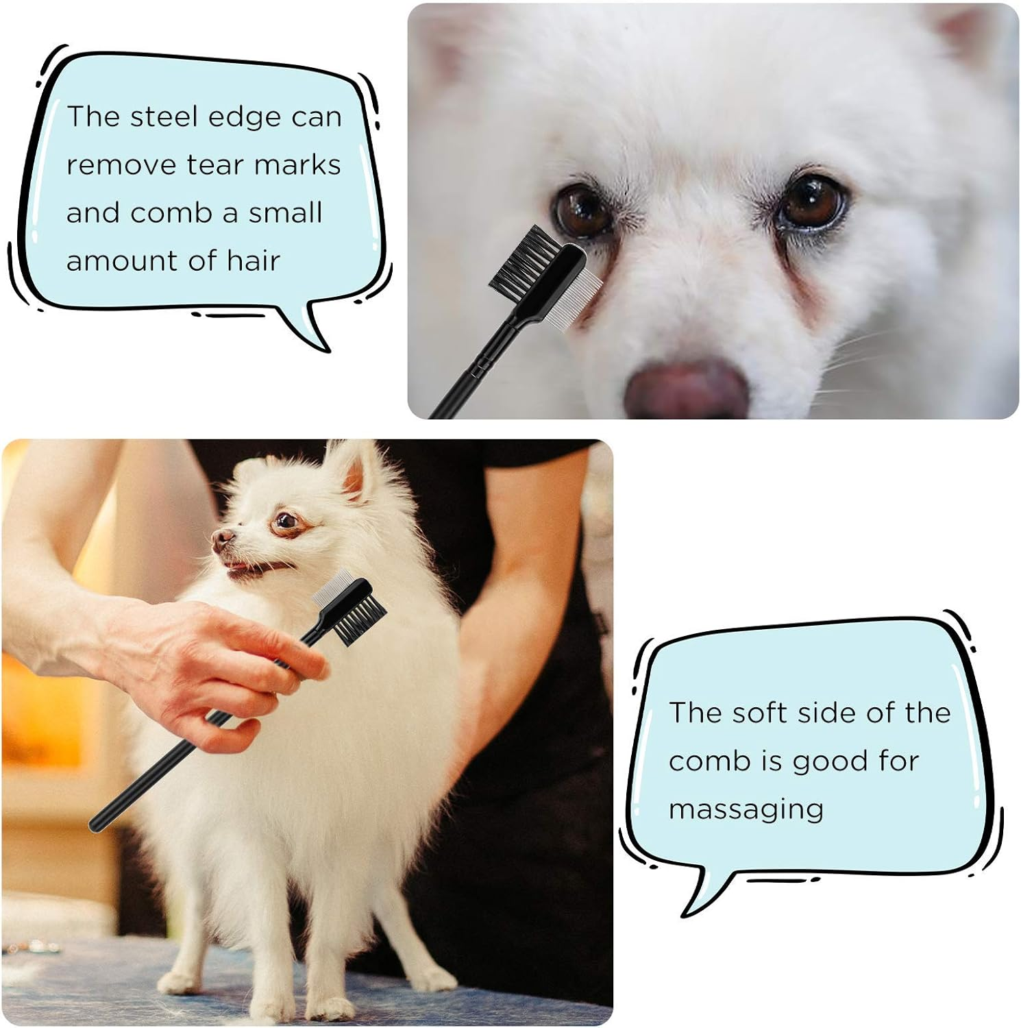 Dog Tear Stain Remover Comb,2 PCS Dog Flea Comb Double-Sided Tear Stain Remover Comb Grooming Comb Eye Comb Brush for Pet Cat Dogs Kitten Puppy image number 6