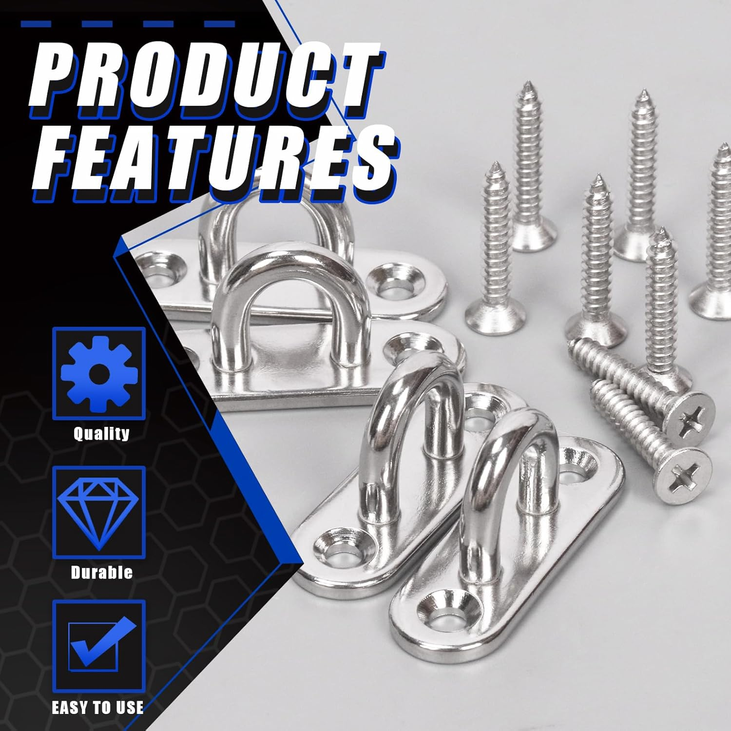 Glarks 4 Pack M5 Stainless Steel Pad Eye Plate Hook and Snap Hook Kit, Heavy Duty Eye Plate U Hooks Ring Hook Loop and Spring Snap Clips with Screws for Ceiling and Mounting Hanging Hardware image number 1