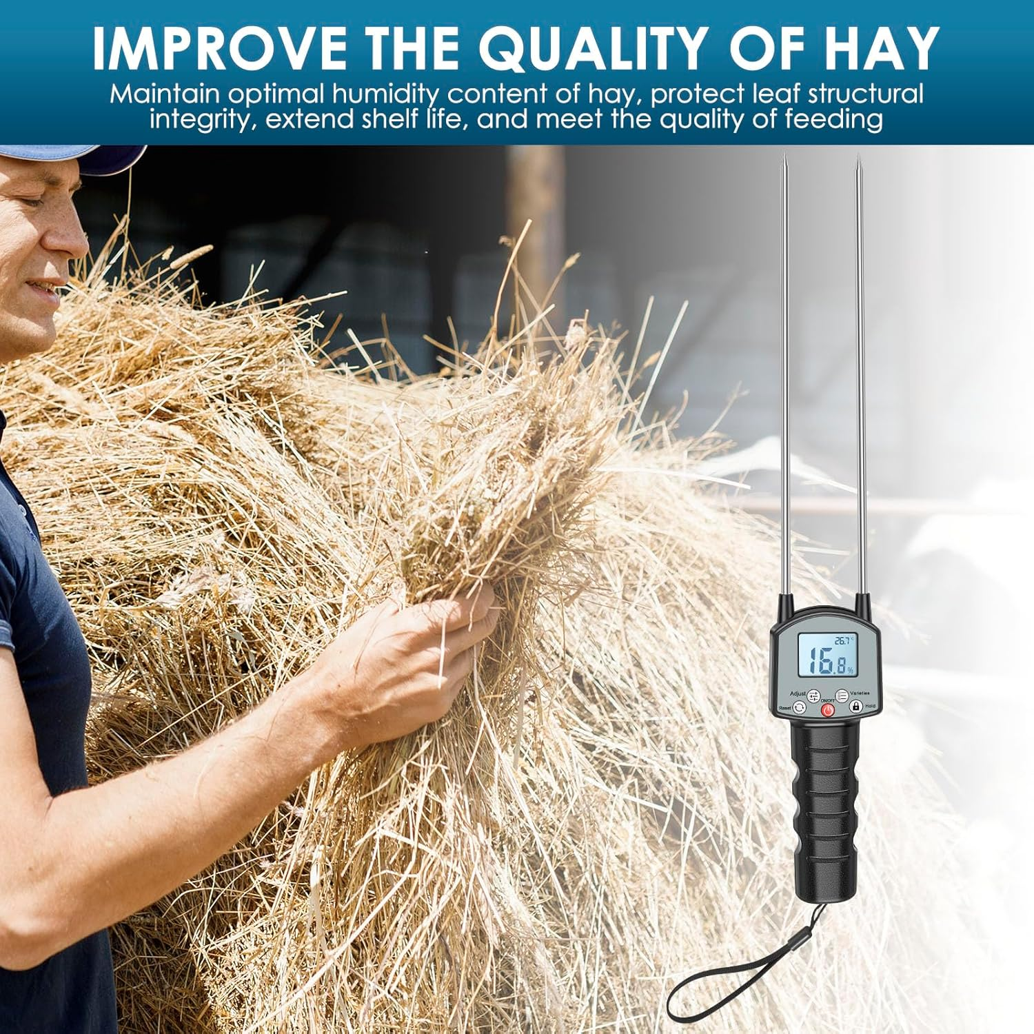 Wood Sawdust Meter, Hay Moisture Tester with Dual Probe, LED Display Hay Moisture Meter Accurate Measurement, Forage Humidity Tester for Alfalfa Forage Orchard Grass