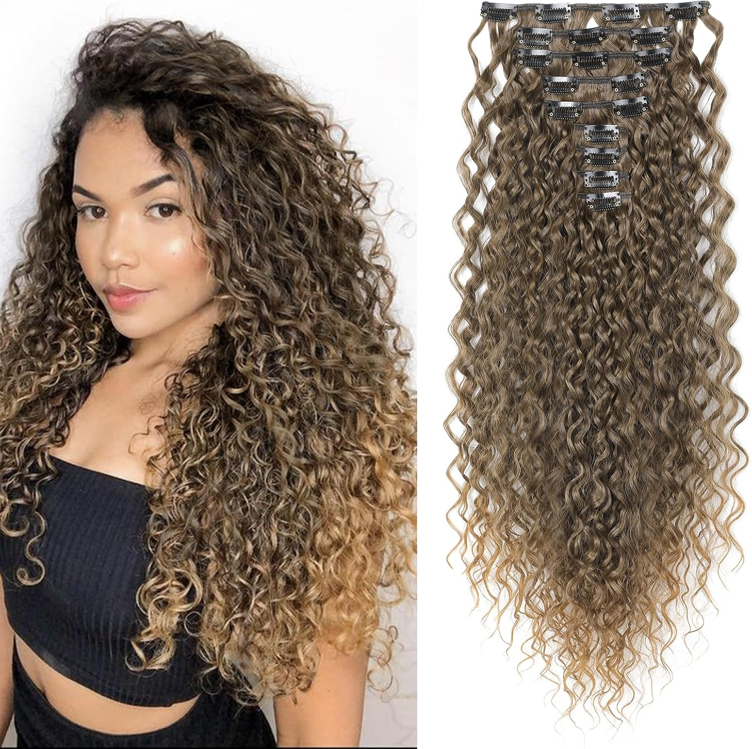 FLUFYMOOZ 9PCS Clip in Hair Extensions 22 Inch Curly Hair Extension Long Soft Synthetic Hairpieces for Women (Black Brown)