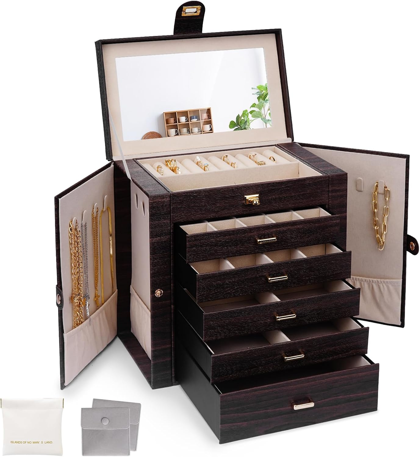 LIAN 6-Layer Large Jewelry Box with Big Mirror Functional Huge 5 Drawers Leather Jewelry Storage Case for Women Girls Ring Necklace Earring Bracelet Holder Organizer (Large-Pale Green) - Large-Pink image number 7