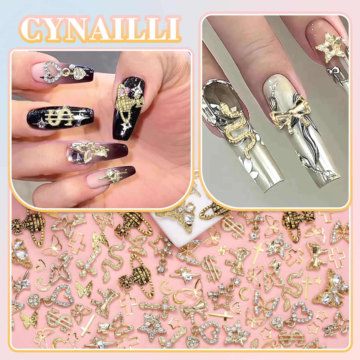 170 Pcs 3D Gold Nail Charms, Cross Snake Star Heart Dangle Nail Gems Charms, Bow Planet Dollar Butterfy Nail Gems for Alloy Nails, Rivet Nail Rhinestones for Nails Art DIY Design image number 5
