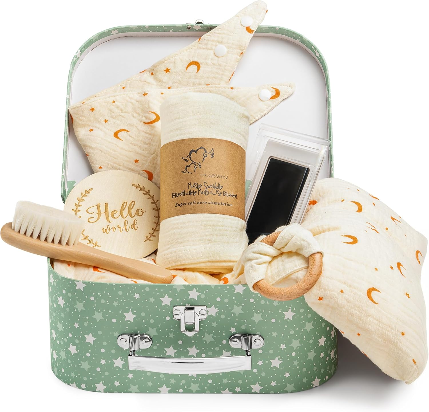 Premium Baby Shower Gifts Basket - 100% Cotton Baby Essentials with Muslin Swaddle Blanket, Keepsake Kit, Bib & Teether Toy | Baby Boy Gifts & Girl Gifts image number 1