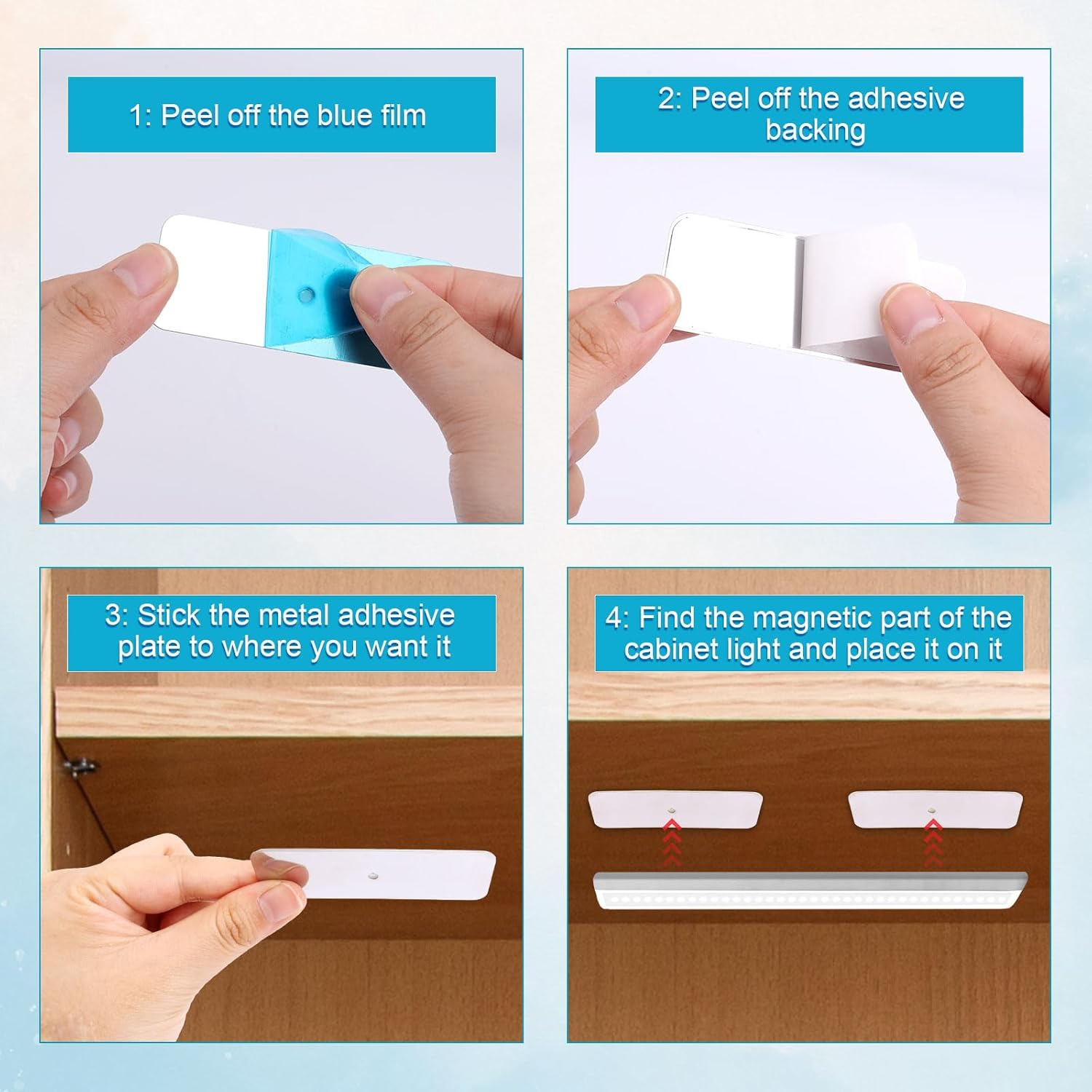 Gosknor 6Pcs Metal Self Adhesive Strips for Magnetic under Cabinet Lights, Metal Self Adhesive Plate Replacement Magnet Sticky Tape for Magnetic LED Lights & under Counter Lights image number 2