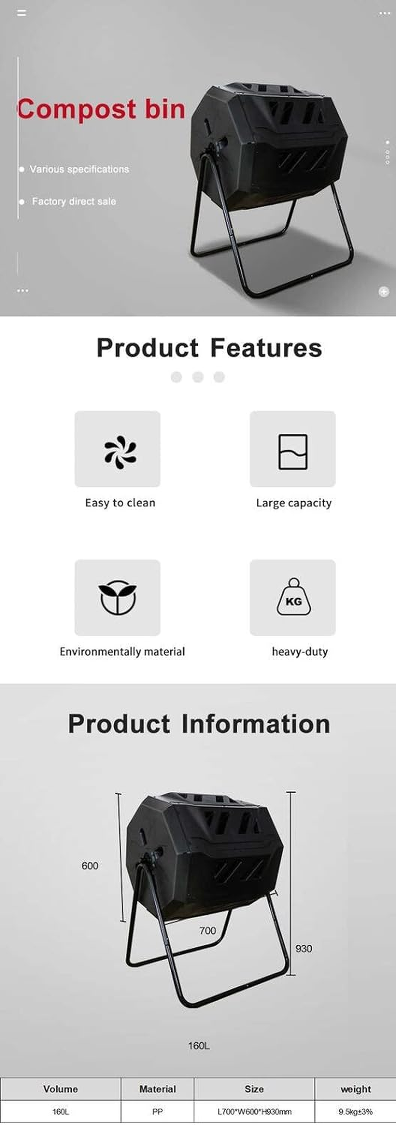 160L Tumbling Garden Compost Bin Heavy Duty with Easy Turn, Dual Chamber and Internal Churn Fins