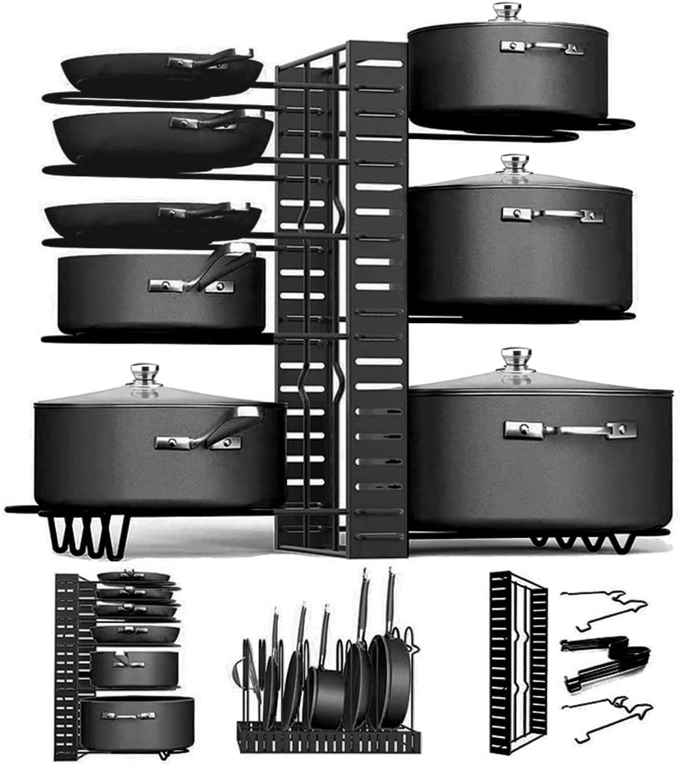9SHOME Pot Pan Organiser Rack for Cabinet, Pot Lid Organizer Pan Holder Rack with 3 DIY Methods, Cookware Rack for Kitchen Cupboard Pantry, Height and Position Adjustable, Stainless Steel image number 4