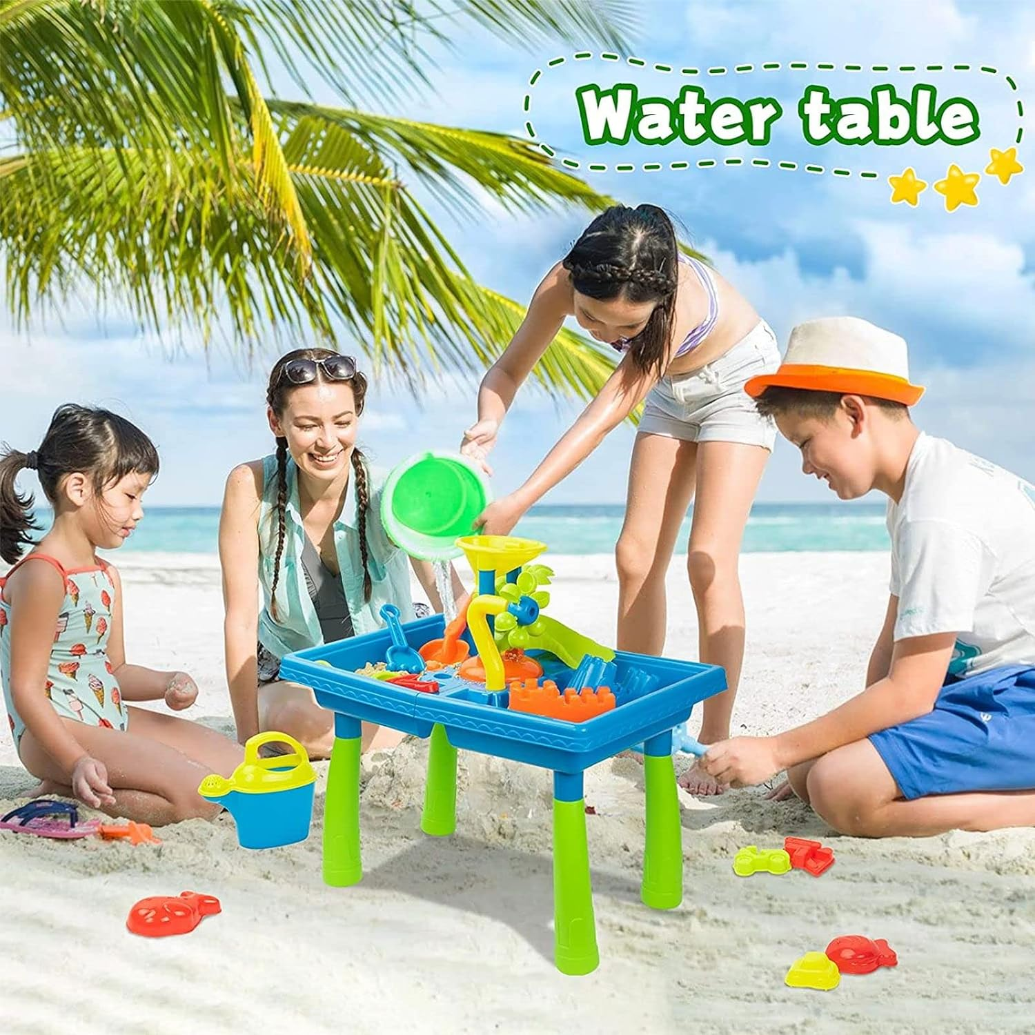 KIDBOT 2 in 1 Kids Sand and Water Play Table ， Kidbot Sand Table, Indoor Outdoor Bench Sandpit Swimming Pool Toys Activity Set,39Pcs Accessories,56 X 40 X 57Cm image number 1