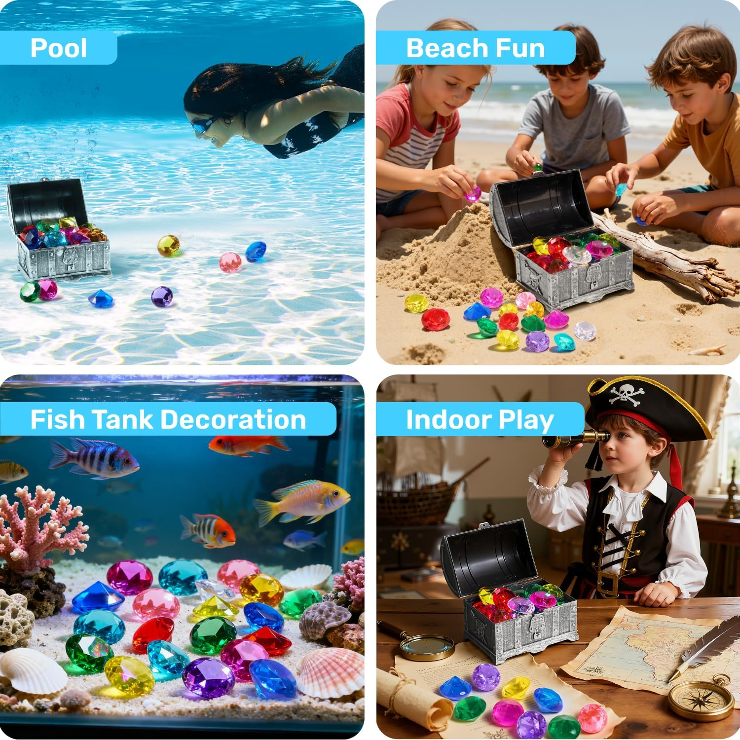 Sloosh Diving Gems Pool Toys,16 Big Colorful Diamond with Pirate Treasure Chest,Swim Dive Toy for Kids Underwater Gemstone Swimming Training Gift Water Toys Pool Games(Silver) image number 5