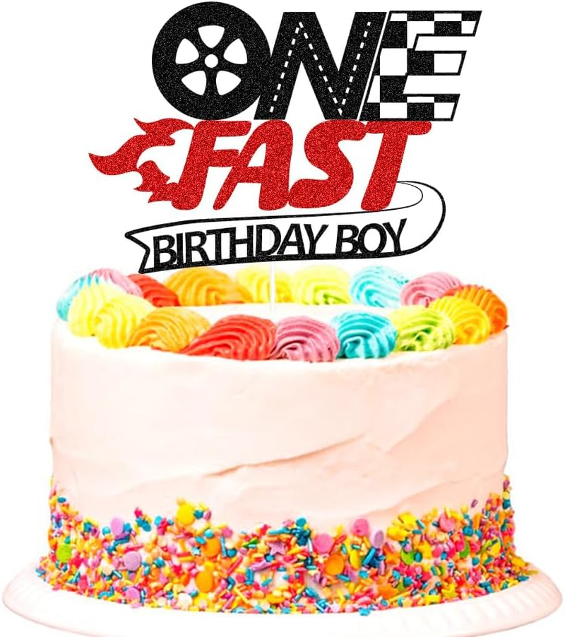 SWEETTALA One Fast Cake Topper Racing Car 1St Birthday Cake Decor Glitter 1St Birthday Party Decorations for Boys Black & Red image number 1