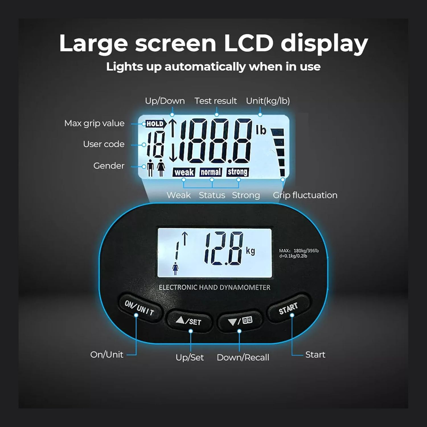 396Lbs/180Kg Grip Strength Trainer, Rechargeable Electronic Hand Dynamometer, Digital Grip Strength Tester with LCD Display, Adjustable Hand Grip Dynamometer Hand Exercisers for Strength(With Hand Grip Strengthener) image number 3