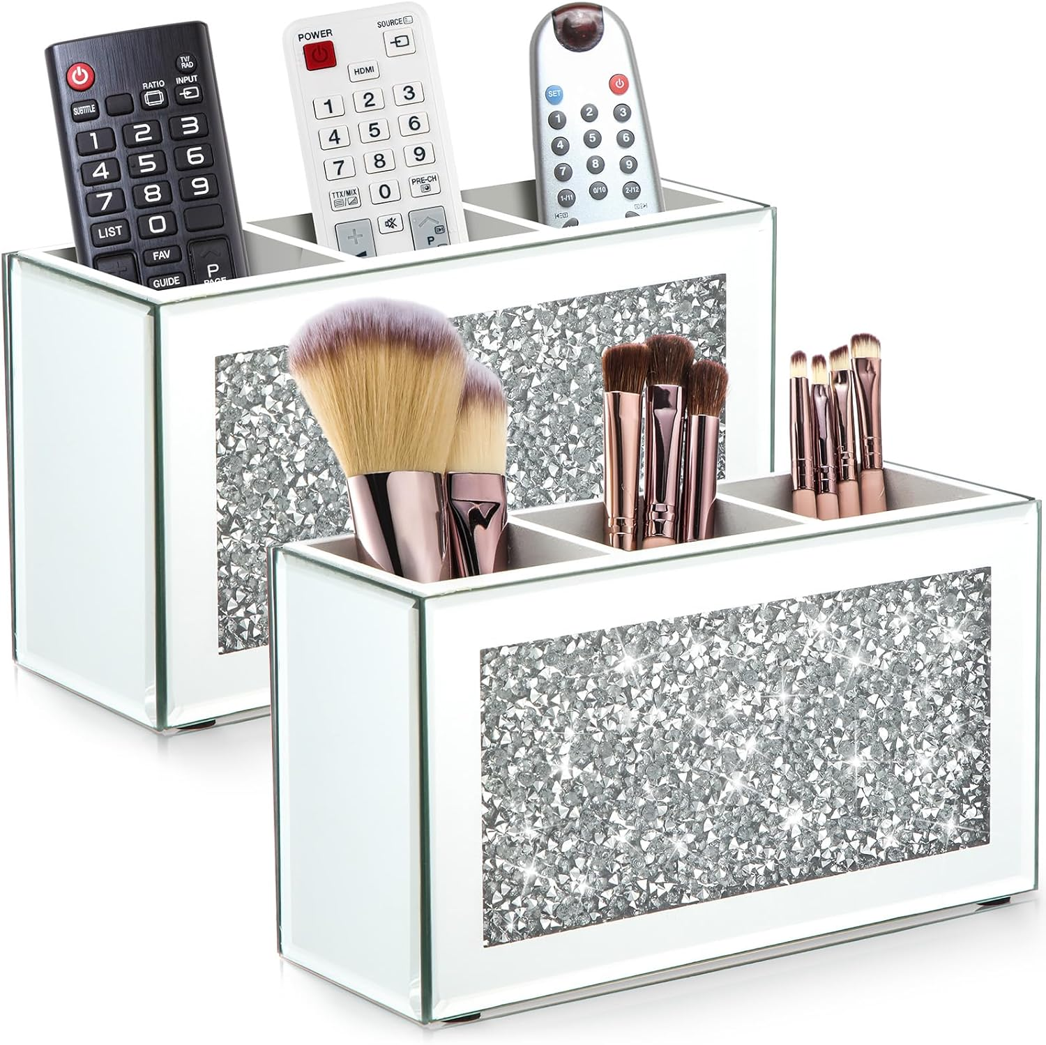 Tanlade 2 Pcs Mirrored Makeup Brush Holder Remote Holder, Mirrored Makeup Organizer with Crushed Diamond Crystals, Vanity Cosmetics Organizer Solution, Pencil Holder Organizer for Desk (3 Compartment) image number 3