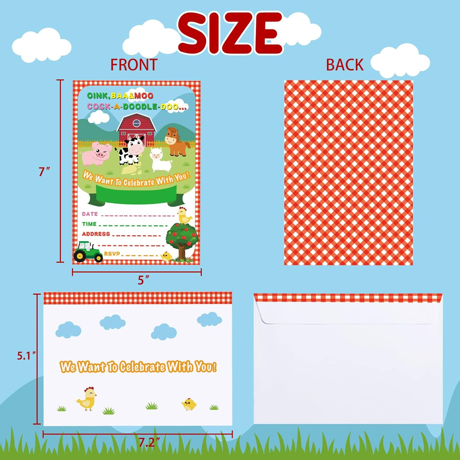 WERNNSAI Farm Party Invitations with Envelopes - 20 Count Farm Animals with Barnyard Tractor Invite Cards for Kids Boys Birthday Baby Shower Farm Themed Party Supplies image number 6