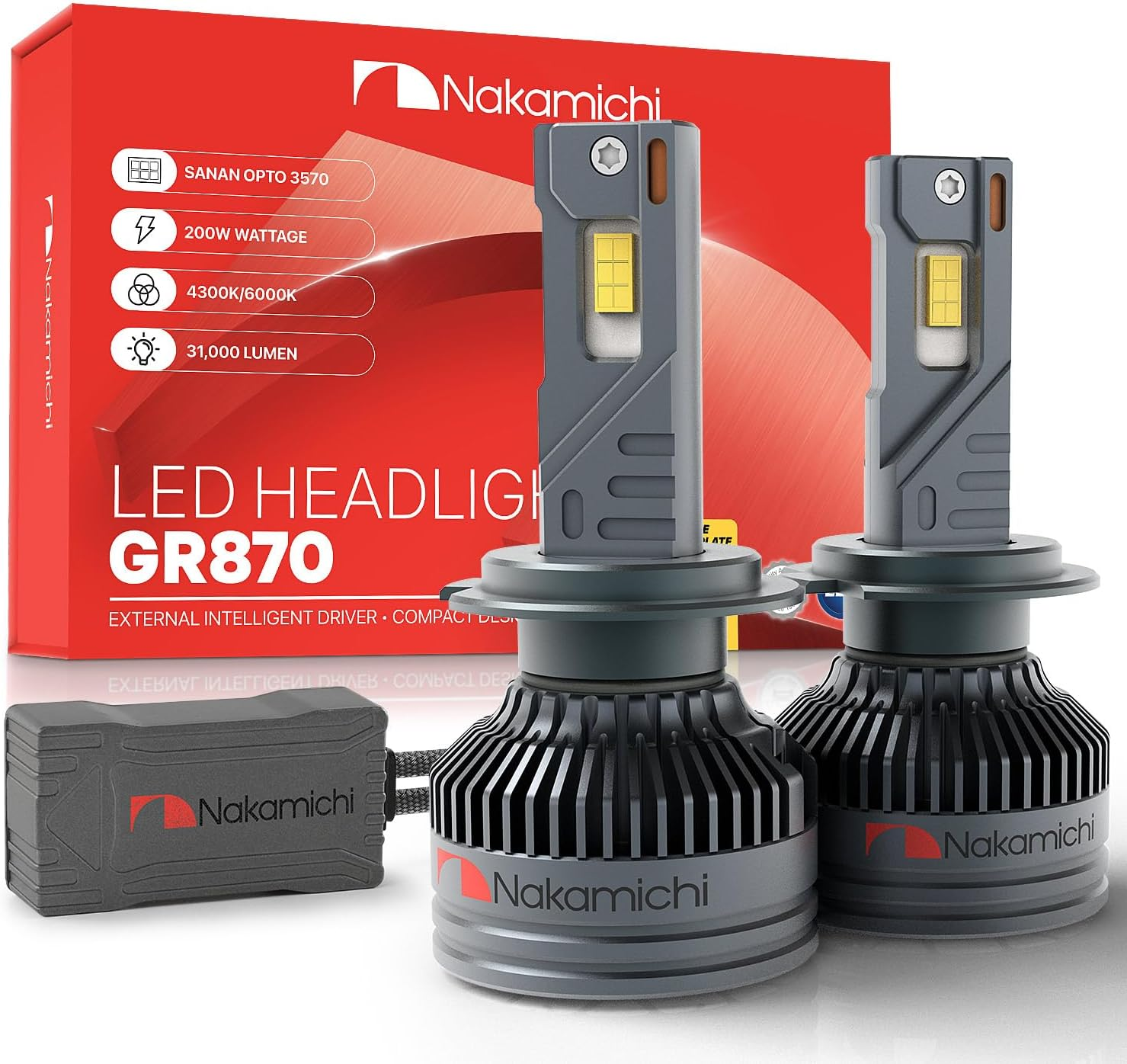 Nakamichi GR870 Series D2 D4 LED Light Bulbs for Replacement, 31,000 Lumens 200W per Set, Super Bright Cool White, Plug and Play, High & Low Beam, Pack of 2, 6000K, D2 D4 D2S D2R D4S D4R