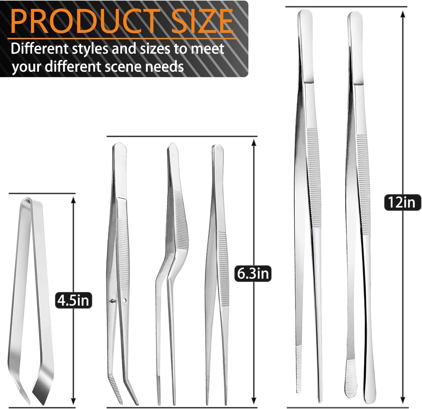 6 Pcs Cooking Tweezer Tongs, 12'' and 6.3" Stainless Steel Kitchen Tweezer Set, Professional Chef Tweezers for Cooking, Repairing, Sea Food, BBQ, Multi-Use image number 3