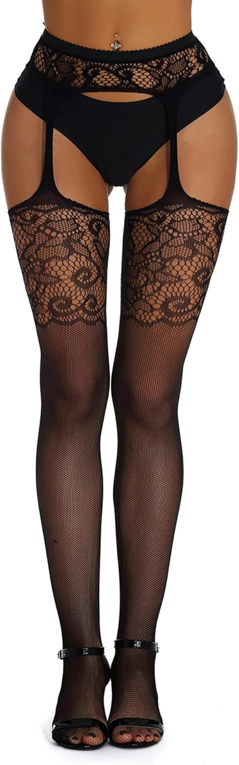 Ohmydear Lace Patterned Fishnet Tights for Women High Stretchy Pantyhose Sexy Thigh High Stockings
